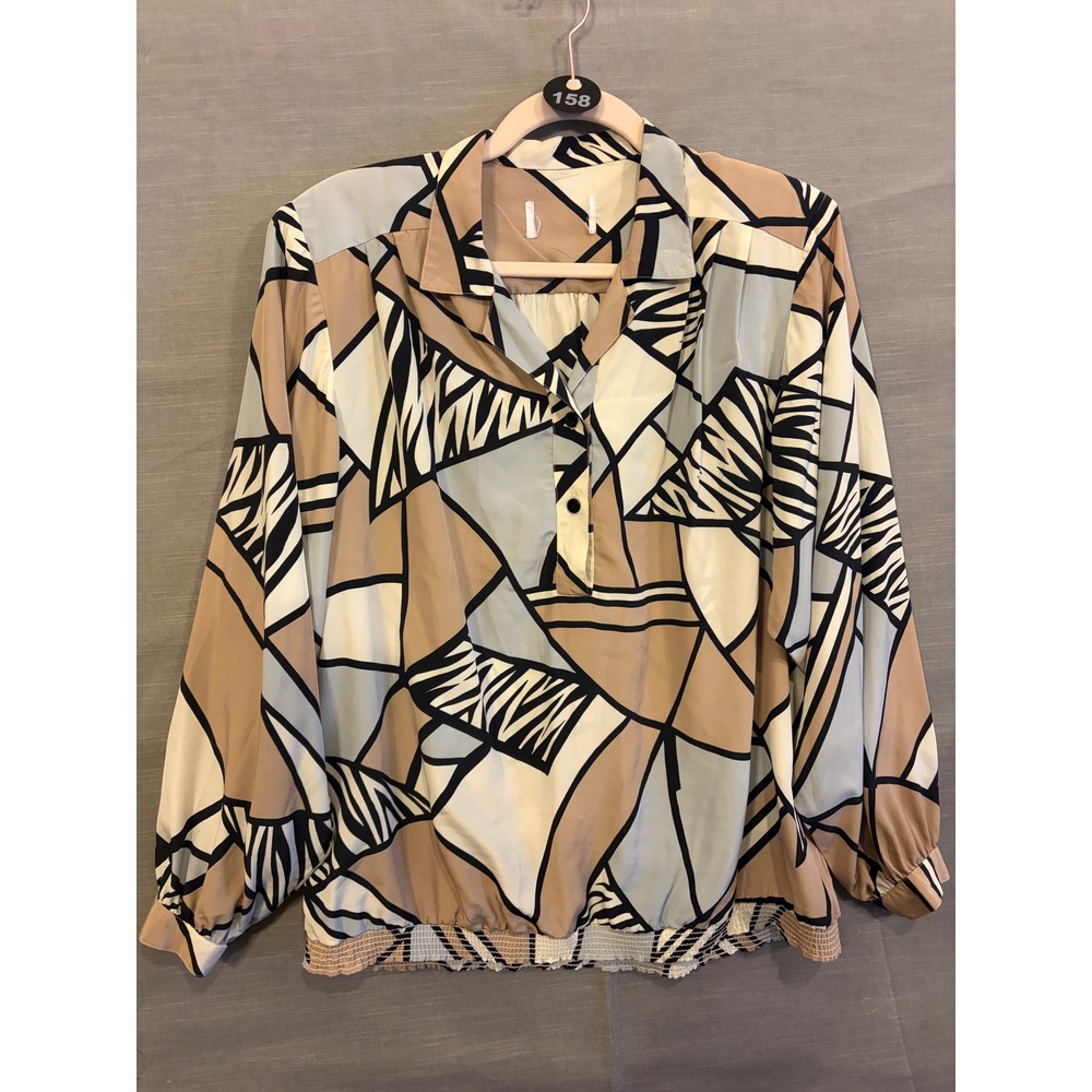 XL 158 Vintage Abstract Geometric Print Blouse Smocked Hem Collared Pullover - Picture 2 of 4